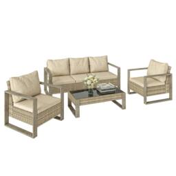OUTSUNNY 4 Seater Rattan Garden Furniture Set with Non-slip Mats, Khaki - thumbnail 2