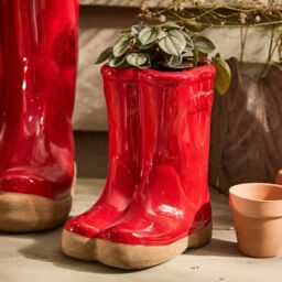 Dibor Small Red Wellington Boot Ceramic Indoor Outdoor Flower Pot Garden Planter Pot H17 x W15cm - thumbnail 1