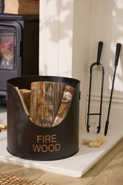 Dibor Fireplace Firewood Log Bucket with Poker & Tongs H29 x Dia33cm in Black - image 1