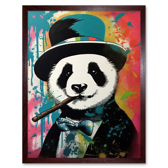 "Artery8 Wall Art Print Panda Bear Wearing Blue Top Hat Suit Smoking Cigar Art Framed in Brown - Size: W12"" x H16""" - image 1