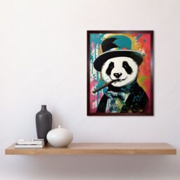 "Artery8 Wall Art Print Panda Bear Wearing Blue Top Hat Suit Smoking Cigar Art Framed in Brown - Size: W12"" x H16""" - thumbnail 2
