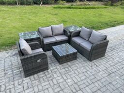 Fimous 6 Piece Garden Furniture Sets 5 Seater Outdoor Patio Furniture Set Weaving Wicker Rattan Sofa Chair & Table with 2 Side Tables in Dark Grey - thumbnail 2