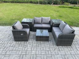 Fimous 6 Piece Garden Furniture Sets 5 Seater Outdoor Patio Furniture Set Weaving Wicker Rattan Sofa Chair & Table with 2 Side Tables in Dark Grey - thumbnail 1