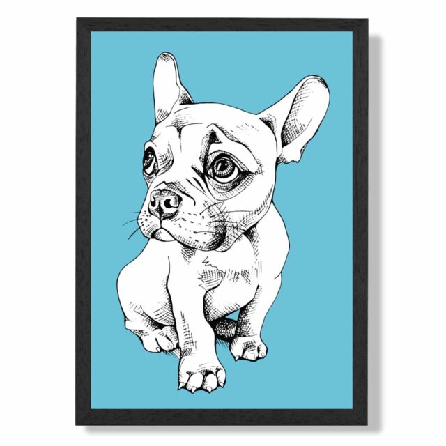 ARTZE Sketch French Bulldog on Bright Blue Framed Print SIZE: A4 with Black Frame - image 1
