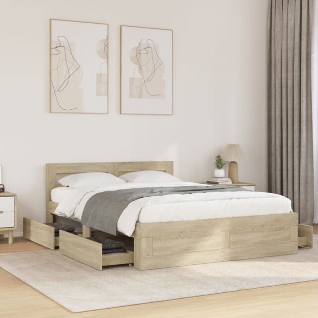 Berkfield Home Bed Frame with Headboard without Mattress Sonoma Oak 140x200 cm in Brown - image 1