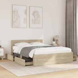 Berkfield Home Bed Frame with Headboard without Mattress Sonoma Oak 140x200 cm in Brown - thumbnail 1