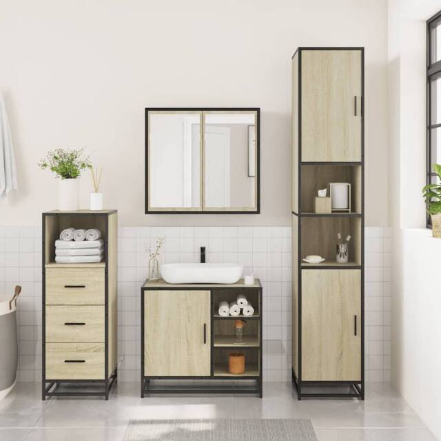 Berkfield Home Durable 3 Piece Bathroom Furniture Set Sonoma Oak Engineered Wood in Light Brown - image 1