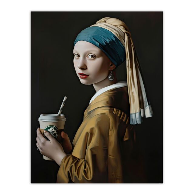 "Artery8 Girl With Pearl Earring Coffee Remake Painting Wall Art Print in Black - Size: W12"" x H16""" - image 1