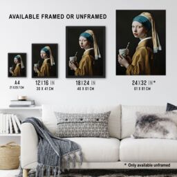 "Artery8 Girl With Pearl Earring Coffee Remake Painting Wall Art Print in Black - Size: W12"" x H16""" - thumbnail 3