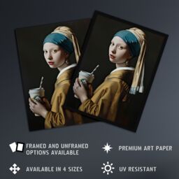 "Artery8 Girl With Pearl Earring Coffee Remake Painting Wall Art Print in Black - Size: W12"" x H16""" - thumbnail 2