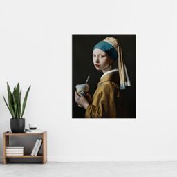 "Artery8 Girl With Pearl Earring Coffee Remake Painting Wall Art Print in Black - Size: W12"" x H16""" - thumbnail 4