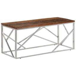 Berkfield Home Coffee Table Silver Stainless Steel & Solid Sleeper Wood - thumbnail 1