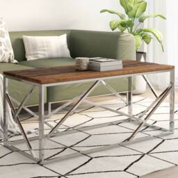 Berkfield Home Coffee Table Silver Stainless Steel & Solid Sleeper Wood - thumbnail 2