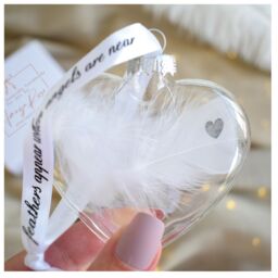 Amaya Rose Ltd HEART Print In Memory of Feather Heart Bauble Gift Boxed in Clear - thumbnail 2