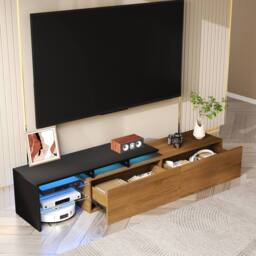 Merax 170cm TV Cabinet with LED Lights & Glass Shelves in Natural - thumbnail 3