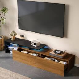 Merax 170cm TV Cabinet with LED Lights & Glass Shelves in Natural - thumbnail 9