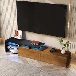 Merax 170cm TV Cabinet with LED Lights & Glass Shelves in Natural - thumbnail 1
