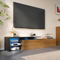 Merax 170cm TV Cabinet with LED Lights & Glass Shelves in Natural - thumbnail 8