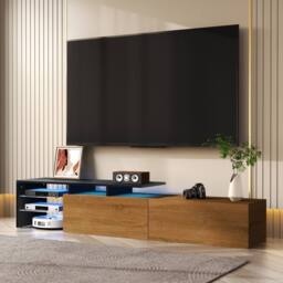 Merax 170cm TV Cabinet with LED Lights & Glass Shelves in Natural - thumbnail 5