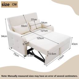 BTM Foldable Sofa Bed for Small Spaces, Adjustable Backrest in Off-White - thumbnail 7
