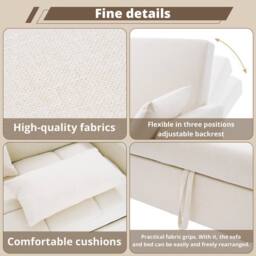 BTM Foldable Sofa Bed for Small Spaces, Adjustable Backrest in Off-White - thumbnail 5