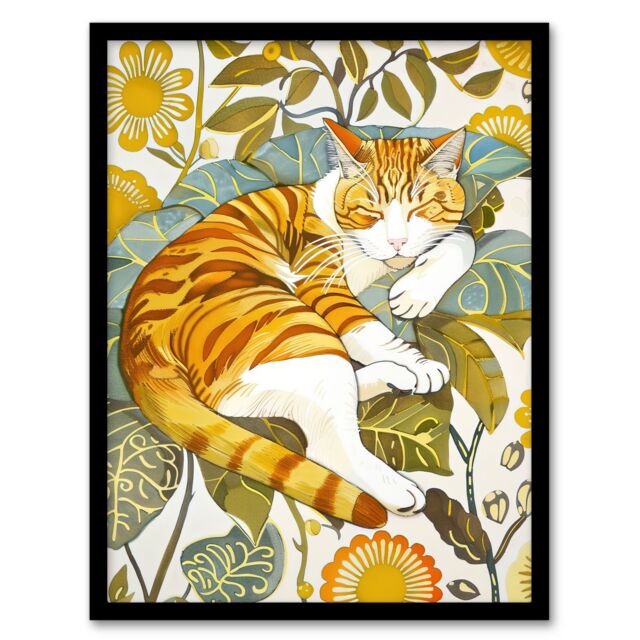 Artery8 Sleeping Orange Tabby Cat Lover Bright Floral Framed Art Print - Size: A4 - image 1