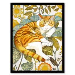 Artery8 Sleeping Orange Tabby Cat Lover Bright Floral Framed Art Print - Size: A4 - thumbnail 1