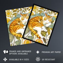 Artery8 Sleeping Orange Tabby Cat Lover Bright Floral Framed Art Print - Size: A4 - thumbnail 2
