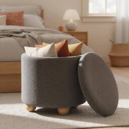 Costway Round Storage Ottoman Chenille Fabric Footrest Stool w/ Removable Lid in Grey - thumbnail 9