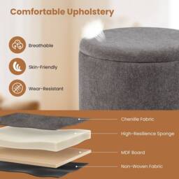 Costway Round Storage Ottoman Chenille Fabric Footrest Stool w/ Removable Lid in Grey - thumbnail 4