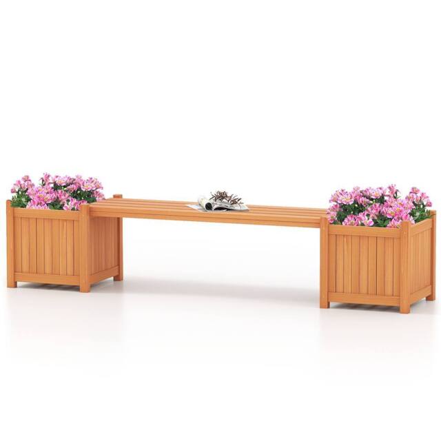 Costway 3-in-1 Outdoor Planter Box w/Bench Patio Bench Seat w/Side Garden Beds in Natural