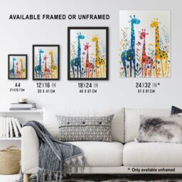 "Artery8 Cute Giraffe Family Blue Orange Pink Watercolour Wall Art Print - Size: W24"" x H32""" - thumbnail 3
