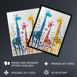 "Artery8 Cute Giraffe Family Blue Orange Pink Watercolour Wall Art Print - Size: W24"" x H32""" - thumbnail 2