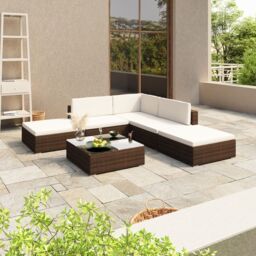 Berkfield Home 6 Piece Garden Lounge Set with Cushions Poly Rattan Brown - thumbnail 1