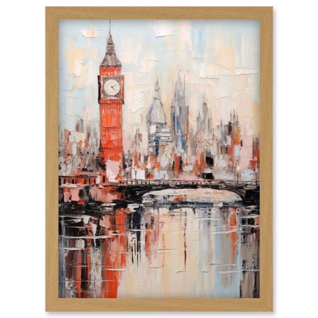 Artery8 Wall Art Print London Skyline Abstract Oil Painting Thick Paint Red Big Ben River Thames Westminster Bridge England City Artwork Framed A4 - image 1