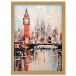 Artery8 Wall Art Print London Skyline Abstract Oil Painting Thick Paint Red Big Ben River Thames Westminster Bridge England City Artwork Framed A4 - thumbnail 1