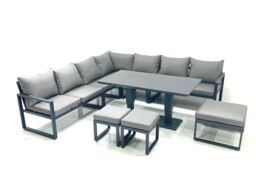 Fimous 10 Seater Outdoor Aluminum Garden Furniture Set Corner Sofa 3 Footstools Adjustable Rising Lifting Dining Table Sets Dark Grey - thumbnail 1