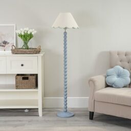 ValueLights Bobbins Powder Blue Floor Lamp with Tapered Natural Linen Scallop Shade in Pale Green - thumbnail 5