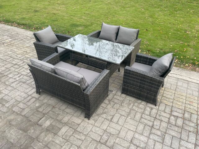 Fimous Rattan Garden Furniture Set 6 Seater Patio Outdoor Lounge Sofa Set with Oblong Dining Table Double Seat Sofa Dark Grey