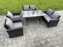 Fimous Rattan Garden Furniture Set 6 Seater Patio Outdoor Lounge Sofa Set with Oblong Dining Table Double Seat Sofa Dark Grey - thumbnail 2