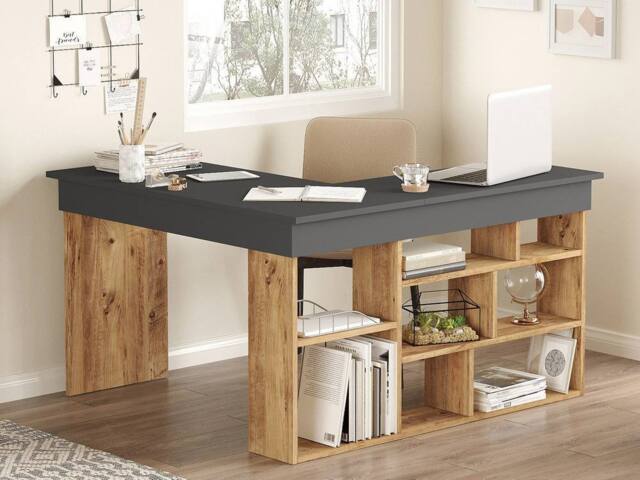 Vente-unique Corner Desk With Storage - Anthracite & Natural - LILEUL in Grey - image 1