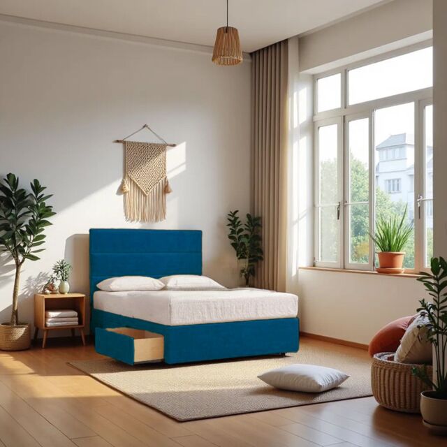 "Knight Sleep York Princess Sprung Divan Bed Set with 4 Drawers & 54""Headboard Plush in Navy - Size: Super King" - image 1