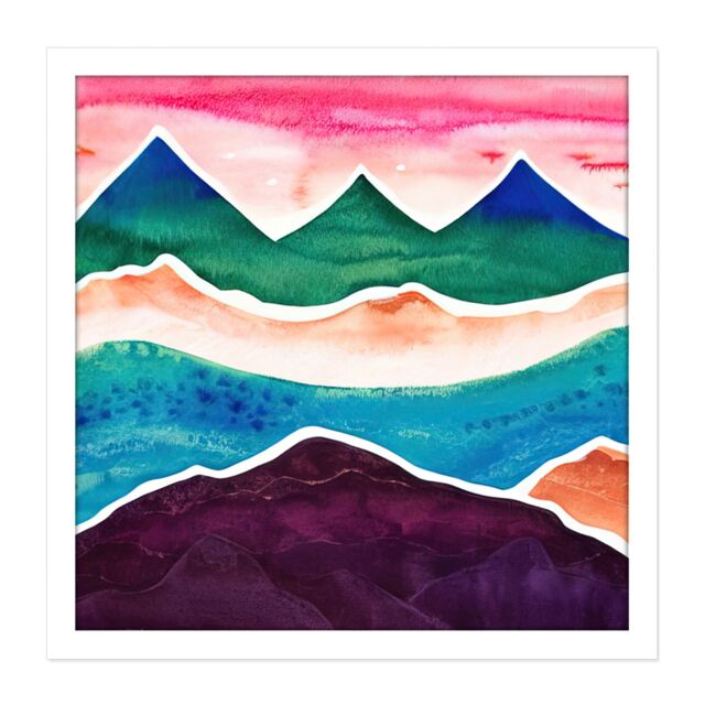 "Artery8 Wall Art Print Watercolour Himalayan Mountain Range Blood Red Sky Colourful Square Framed Picture 16X16 Inch in White - Size: W16"" x H16""" - image 1