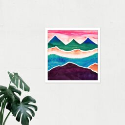 "Artery8 Wall Art Print Watercolour Himalayan Mountain Range Blood Red Sky Colourful Square Framed Picture 16X16 Inch in White - Size: W16"" x H16""" - thumbnail 2