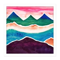 "Artery8 Wall Art Print Watercolour Himalayan Mountain Range Blood Red Sky Colourful Square Framed Picture 16X16 Inch in White - Size: W16"" x H16""" - thumbnail 1
