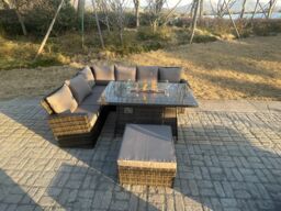 Fimous High Back Rattan Garden Furniture Sets Gas Fire Pit Dining Table Left Corner Sofa Big Footstools 7 Seater in Dark Grey - thumbnail 3
