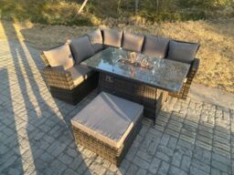 Fimous High Back Rattan Garden Furniture Sets Gas Fire Pit Dining Table Left Corner Sofa Big Footstools 7 Seater in Dark Grey - thumbnail 1
