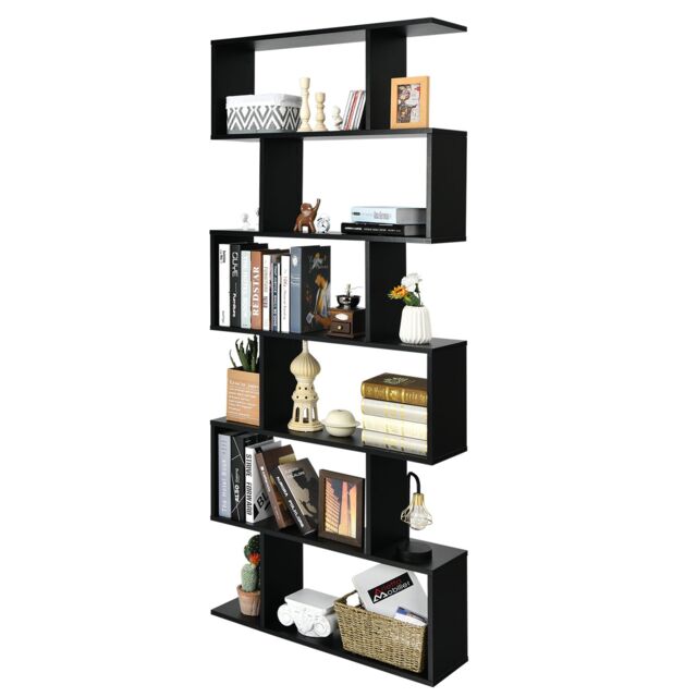 Costway 6-tier Bookcase Industrial S-Shaped Bookshelf Wooden Storage Display Rack in Black - image 1