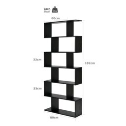 Costway 6-tier Bookcase Industrial S-Shaped Bookshelf Wooden Storage Display Rack in Black - thumbnail 2