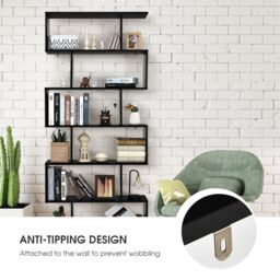 Costway 6-tier Bookcase Industrial S-Shaped Bookshelf Wooden Storage Display Rack in Black - thumbnail 6